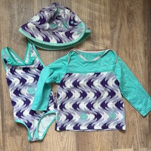 Patagonia Kids Swim One Piece, rash guard and hat set- Teal and Purple fish
